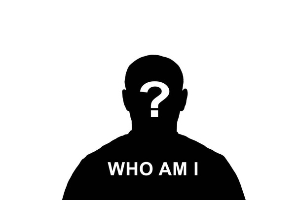 Μαύρη σιλουέτα ενός ενήλικου ανώνυμου άνδρα σε λευκό φόντο με τις λέξεις "Ποιος είμαι"  - Φωτογραφία, εικόνα