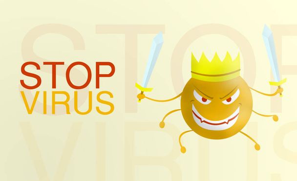 stop virus - λέξη καρτούν του ιού Corona πορτοκαλί με σπαθί απομονωμένο με φόντο το χρώμα. Κόβιντ-19. Εικονογράφηση ιού. κακό πρόσωπο της νόσου και επιδημίας. - Φωτογραφία, εικόνα