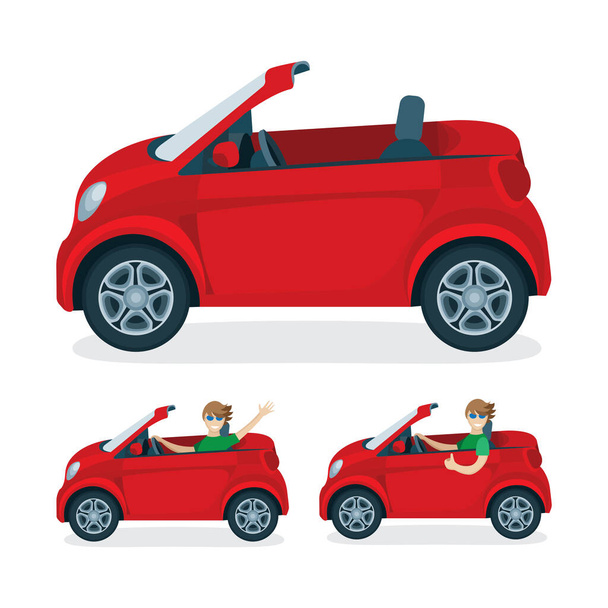 Auto en bestuurder vector platte illustraties set. Karakter in rood cabriolet. Een jonge, vrolijke chauffeur in verschillende houdingen. Rode mini auto cabriolet. Deel van de verzameling. - Vector, afbeelding