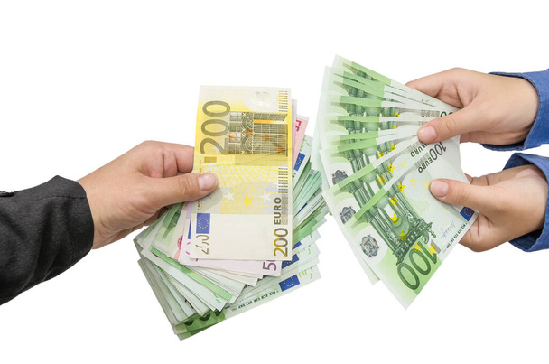 Изолированные 2 руки внутри с банкнотами евро. Концепция коррупции. Вид сверху
. - Фото, изображение