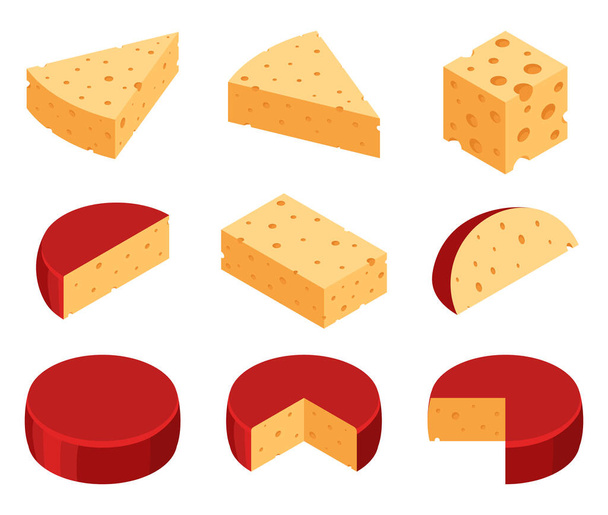Vektorisometrischer Käse. Verschiedene Käsesorten - Vektor, Bild