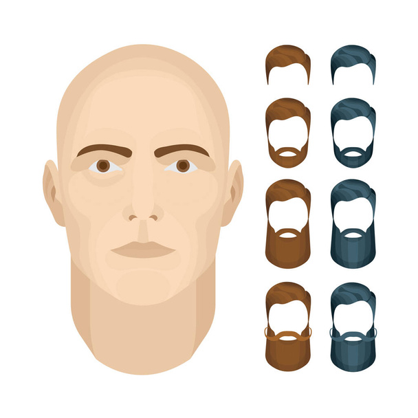 Man face vector illustrations set. Male character face constructor. Man face with different beard styles isolated on white background. - Vector, Image