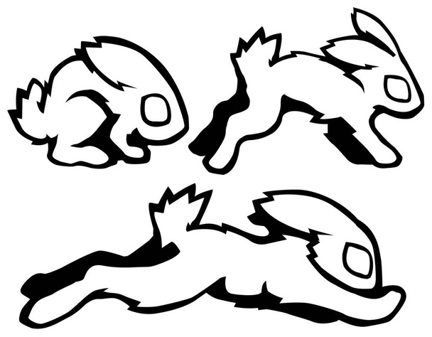 Kaninchen sitzen, rennen und springen Bewegung Cartoon Schablone schwarz, Vektorillustration, horizontal, isoliert - Vektor, Bild