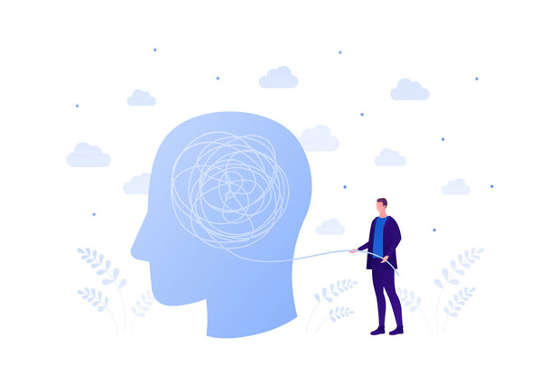 Psychology, psychotherapy and psychiatry counseling concept. Vectop flat person illustration. Patient human head with tangled thread and psychologist man. Design element for banner, web, infographic. - Vector, Image