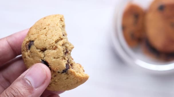 mano tenendo biscotti gocce di cioccolato da vicino - Filmati, video