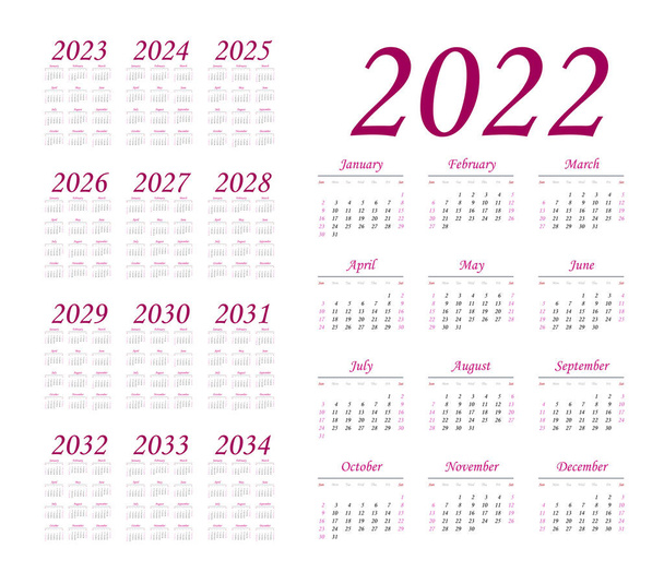 Angielski kalendarz na lata 2022-2034, tydzień zaczyna się w niedzielę - Wektor, obraz