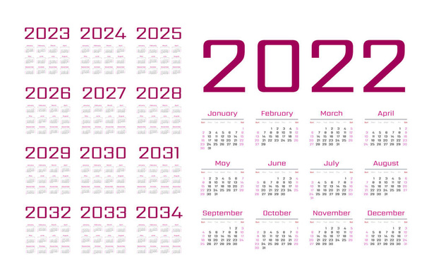 Calendário inglês para os anos 2022-2034, semana começa no domingo
 - Vetor, Imagem