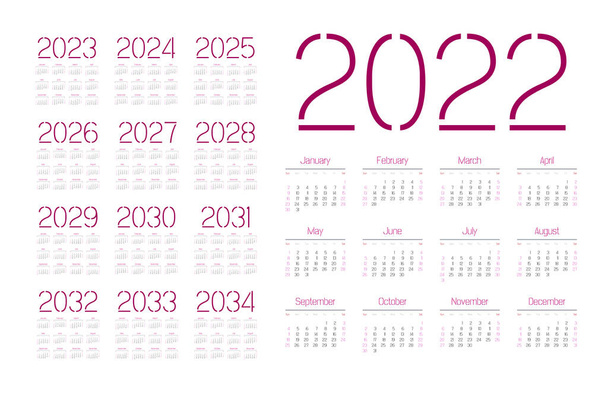 Calendário inglês para os anos 2022-2034, semana começa no domingo
 - Vetor, Imagem