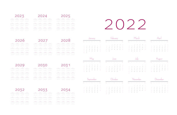 Английский календарь на 2022-2034 годы, неделя начинается в воскресенье
 - Вектор,изображение