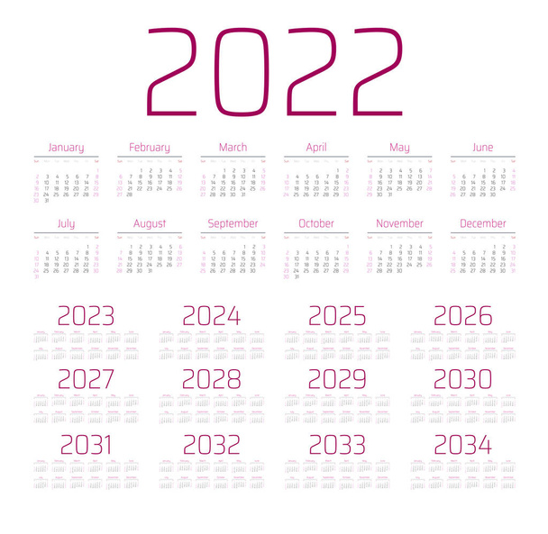Αγγλικό ημερολόγιο για τα έτη 2022-2034, εβδομάδα ξεκινά την Κυριακή - Διάνυσμα, εικόνα