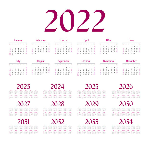 Calendario Inglés para los años 2022-2034, la semana comienza el domingo
 - Vector, Imagen