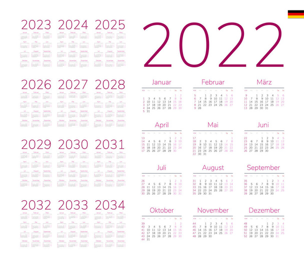 Německý kalendář na období 2022-2034. Týden začíná v pondělí - Vektor, obrázek