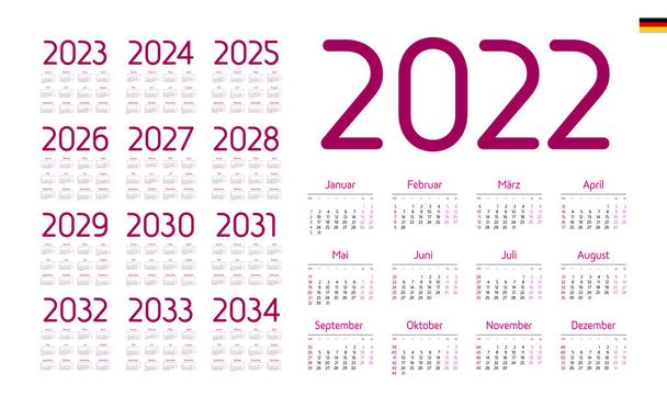 Német naptár 2022-2034. A hét hétfőn kezdődik. - Vektor, kép