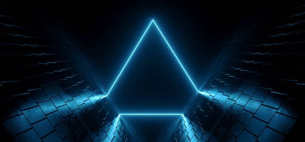 трикутник неоновий лазер Sci Fi Futuristic Blue Cyber Ретро Сучасна світлова форма Флуоресцентний темний фон тунельний коридор Склад гаража 3D рендерингу Ілюстрація
 - Фото, зображення