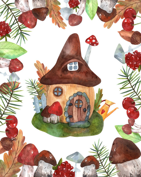 Cute compositions for postcards or posters with forest elements and unusual houses in mushrooms in red, green and gray colors. All elements are hand-drawn for decoration and design. - Φωτογραφία, εικόνα