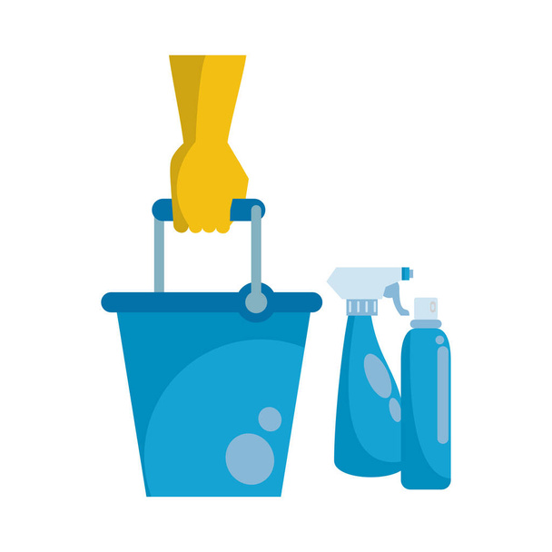 splash spray bottles disinfectants with glove and bucket - Vector, Image