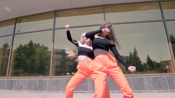 duetto di due giovani donne che eseguono danza contemporanea, sala da ballo twerk di fronte all'edificio con vetro specchiato. Ballo di culi. Al rallentatore. Colpo di fulmine - Filmati, video