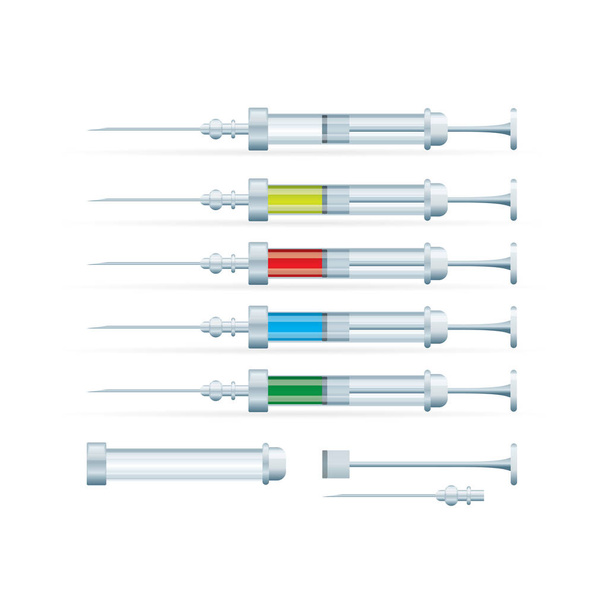Medical vintage syringe illustrations set. Realistic old style syringe collection isolated on white background. Syringes for medical drug injection, vaccine for care and treatment.  - Vector, imagen
