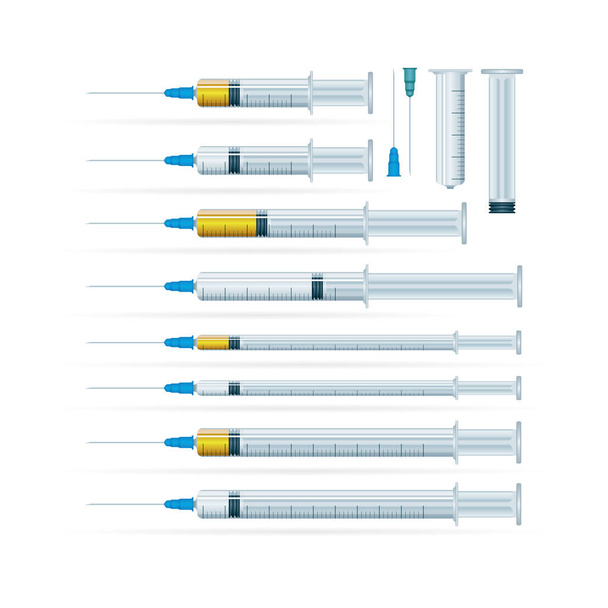Medical syringe illustrations set. Realistic syringe collection isolated on white background. Syringes for medical drug injection, vaccine for care and treatment.  - ベクター画像