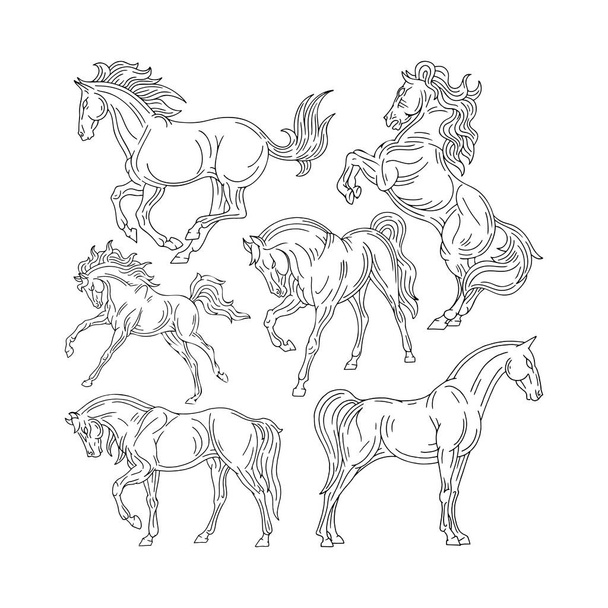 馬だ。手描き馬イラストセット。さまざまなポーズで馬を描くスケッチ. - ベクター画像