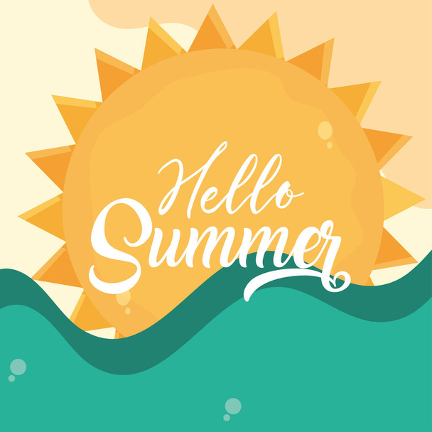 こんにちは夏の旅行や休暇の季節、ビーチ砂の海の太陽のバナー、レタリングテキスト - ベクター画像