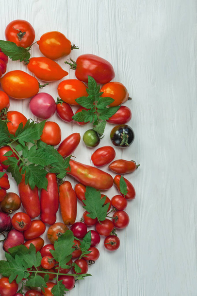 La cosecha de tomates variados. Tomates ecológicos verdes, rojos, amarillos, anaranjados. Variedad de tomates frescos de colores. Tomates diferentes variedades
. - Foto, imagen