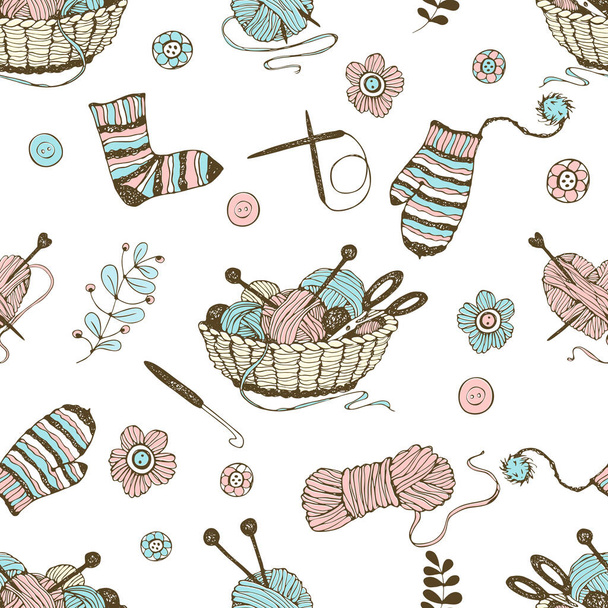 Seamless pattern on the theme of knitting with a basket and balls of yarn. Vector. - Vector, Image