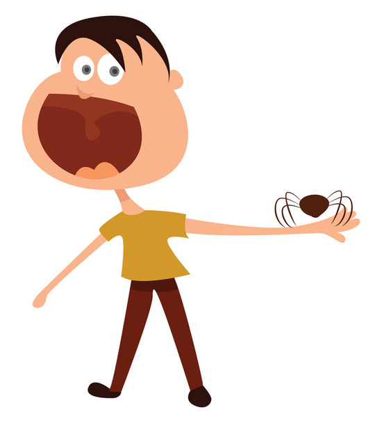 Man scared by spider, illustration, vector on white background - Vector, Image