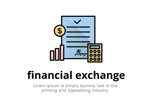 Finanzas. Servicios financieros. Ilustración de un logotipo de documento con una calculadora, carta, moneda, texto, intercambio financiero de inscripción
 - Vector, imagen