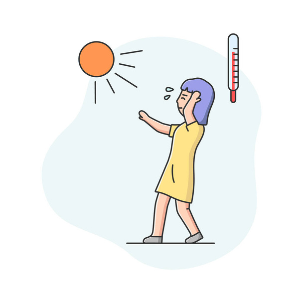 Концепція спекотного періоду літа. Жінка втомлена від спеки йде вниз по вулиці з закритими очима, Холдинг її голова, має тепловий удар в спекотний літній день. Cartoon Linear Outline Flat Vector Illustration - Вектор, зображення