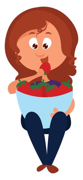 Girl eating strawberry, illustration, vector on white background - Vector, Image