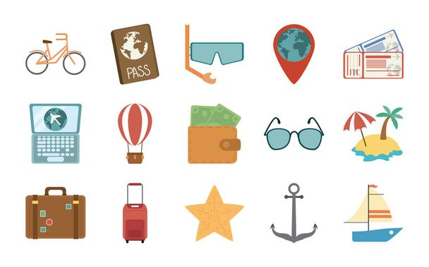 nyári utazás és nyaralás lapos stílusú elszigetelt ikonok készlet - Vektor, kép