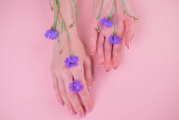 Photo of beautiful female hands with blue flowers, female body part isolated on a white background, day Spa, natural hand cosmetics, luxury beauty salon and Spa, manicure and massage concept - Photo, image