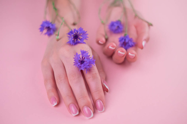 Photo of beautiful female hands with blue flowers, female body part isolated on a white background, day Spa, natural hand cosmetics, luxury beauty salon and Spa, manicure and massage concept - Fotografie, Obrázek