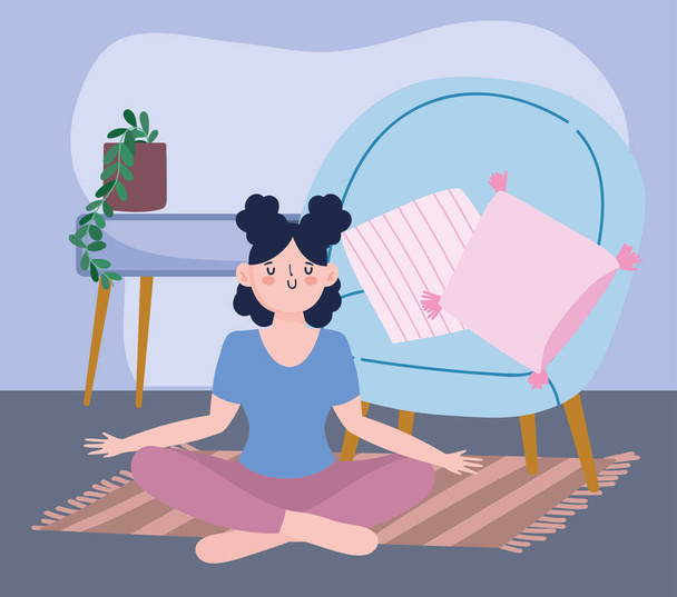 оставаться дома, девушка в йоге медитации на полу, самоизоляция, деятельность в карантине для коронавируса
 - Вектор,изображение