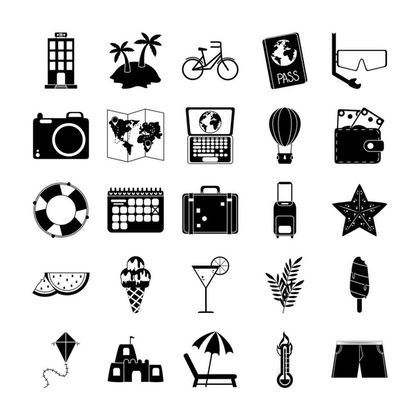 summer travel and vacation in silhouette style isolated icons set - Vector, Image
