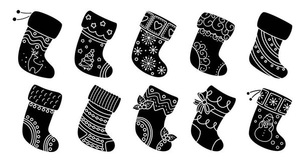 Χριστουγεννιάτικες κάλτσες επίπεδη σιλουέτα σύνολο glyph κινουμένων σχεδίων - Διάνυσμα, εικόνα