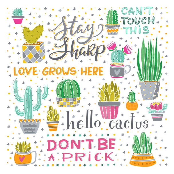 Vector illustration of bright cacti, aloe and leaves in pots and lettering. Collection of exotic plants. Decorative natural elements Cactus with flowers. - Διάνυσμα, εικόνα