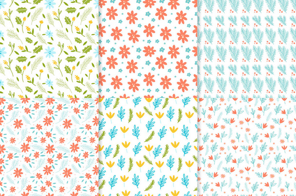 Vector set of seamless floral patterns, spring summer backdrop. Hand drawn surface pattern design with flowers in garden. Seamless texture perfect for wallpapers,web backgrounds, surface textures. - Vecteur, image