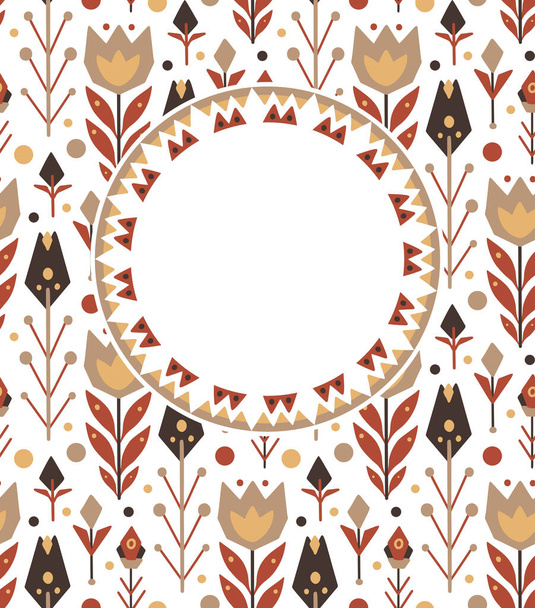Vertical floral card with round frame and place for text. Tribal pattern on a white background. Tulips and branches with leaves. Vector native template for invitation, banner, card and your creativity - Vektor, Bild