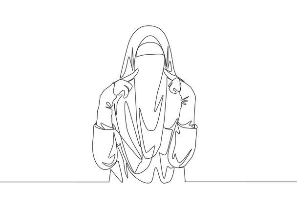Único desenho linha contínua de muslimah asiático bonito jovem vestindo burqa ao tocar suas bochechas. Beleza tradicional muçulmano mulher niqab com hijab conceito uma linha desenhar desenho vetor ilustração
 - Vetor, Imagem
