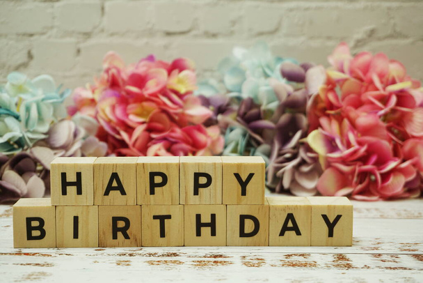 Happy Birthday alphabet letter on wooden background - Photo, image