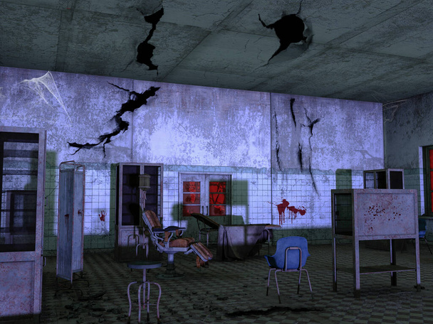 Заброшенная больничная палата с ржавой медицинской мебелью и кровью на стенах
. - Фото, изображение