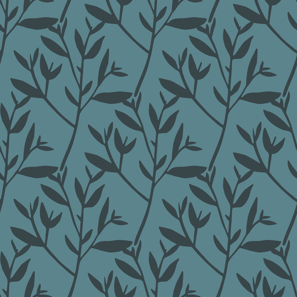 Seamless pattern with leaves silhouette on green background. Tree branches wallpaper. Decorative twigs. Vector illustration. Design for fabric, textile print, wrapping paper, cover. - Vettoriali, immagini