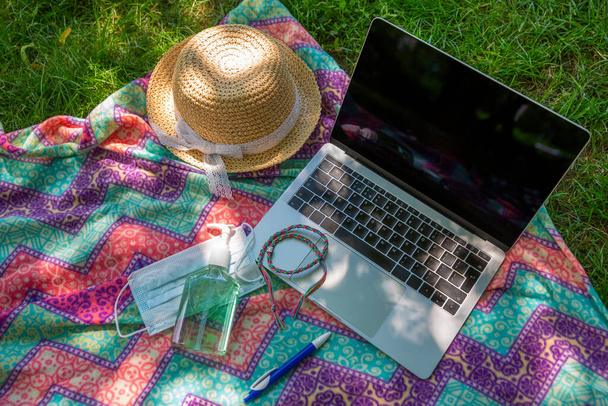 Laptop, face mask and hand alcohol gel sanitizer on blanket on a green grass lawn in the park or garden. Smart working from city park in a bright sunshine summer day. - Фото, зображення