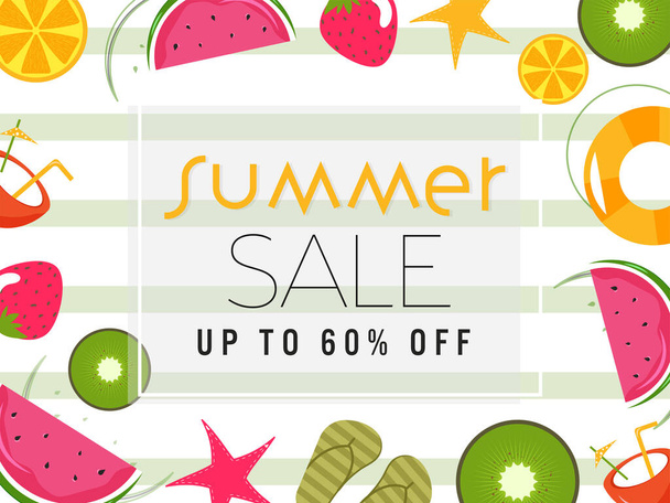 UP TO 60% Off for Summer Sale Poster Design Decorated with Fruits, Coconut Drink, Swimming Ring, Starfish and Slippers. - Vector, Image