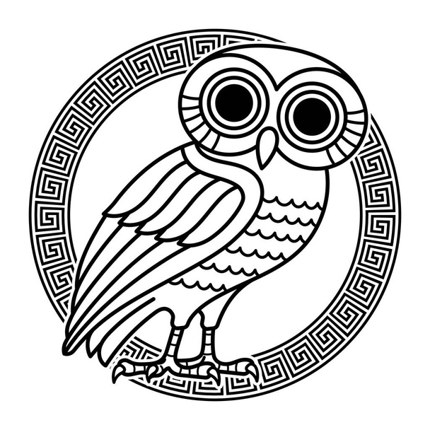 Greek ancient coin from Athens, vintage illustration. Old engraved illustration of an owl and greek ornament meander - Vector, Image
