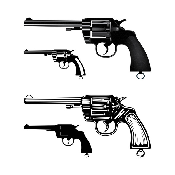 Revolver. Hand drawn vintage revolver vector illustration. Engraving and realistic style old pistols set. - Vector, Image