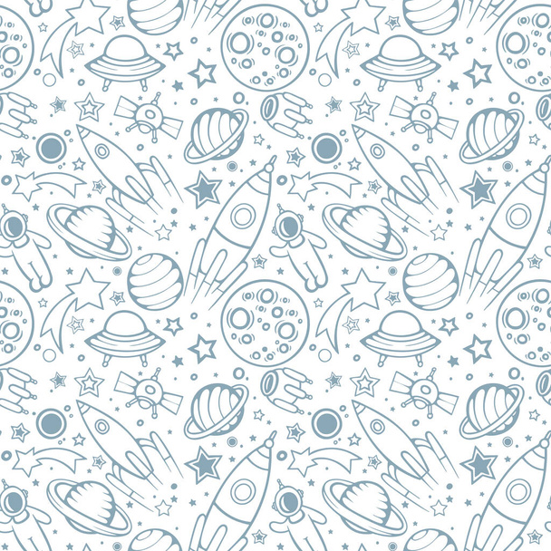 Space seamless pattern for Kids. Hand drawn space, spaceships, rocket, ufos, comets and planets with stars. Trendy kids vector background. Hand drawn space elements seamless pattern. Space doodle background illustration.  Part of set. - Vector, Image