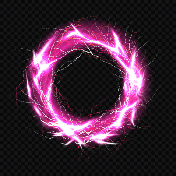 Palla elettrica, fulmine cerchio impatto luogo, sfera al plasma in colore viola isolato su sfondo scuro. Potente scarica elettrica, lampo di energia magica. Illustrazione realistica 3d - Vettoriali, immagini